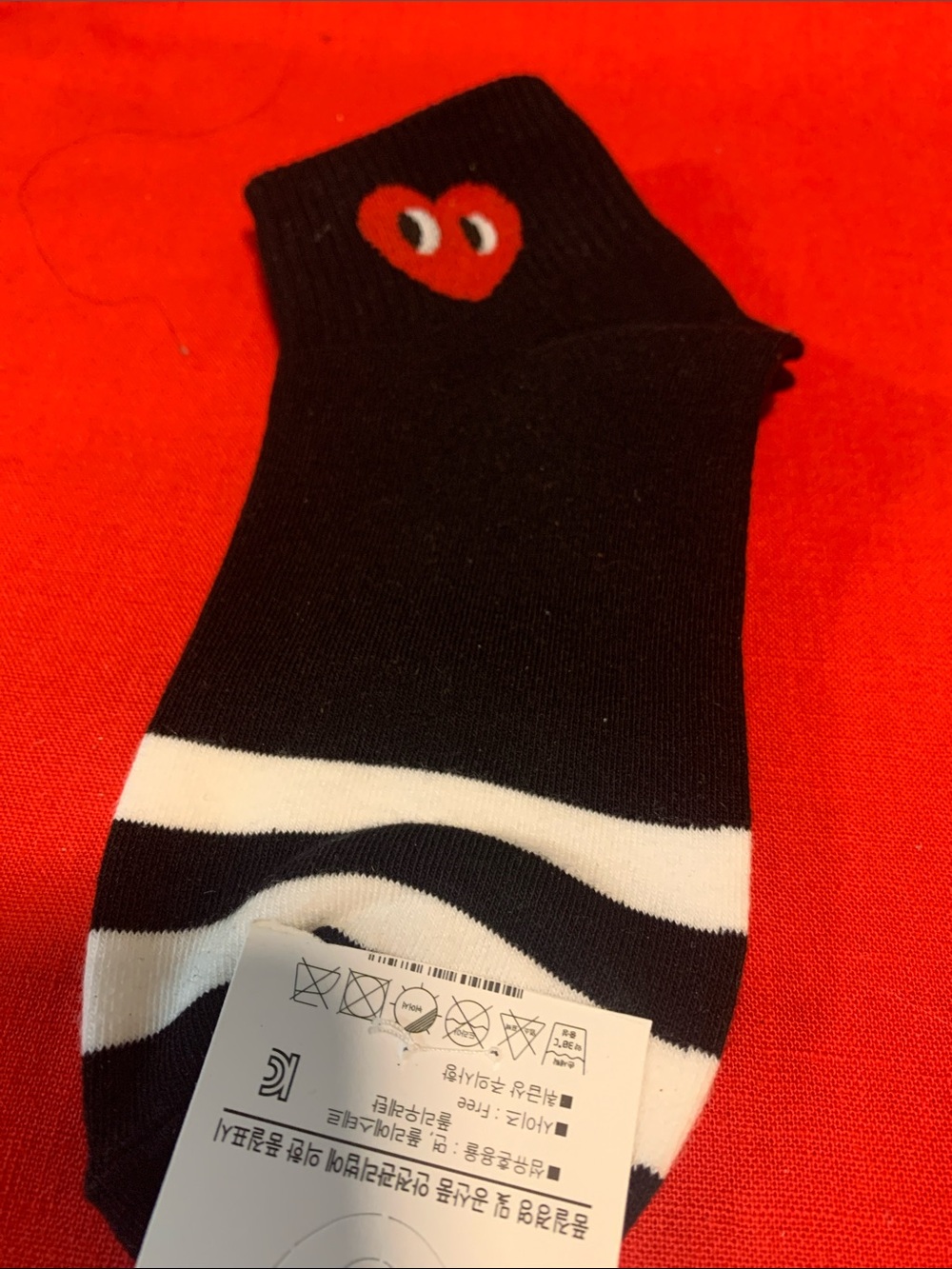 Black Crew Socks with White Stripes and Red Heart Motif